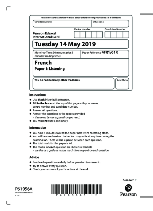 French 4FR1/01R June  2019 | Edexcel  IGCSE Past Papers With Mark Scheme