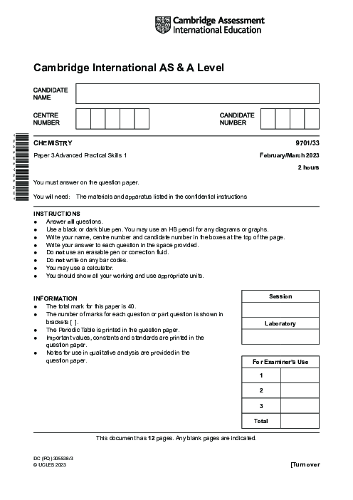 Chemistry 9701/33 March 2023 | Cambridge AS Level Past Papers With Mark Scheme