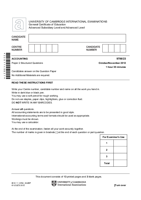 Accounting 9706/21 Oct Nov 2012 | Cambridge AS Level Past Papers With Mark Scheme