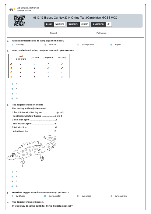 0610/13 Biology Oct Nov 2014 Online Test | Cambridge IGCSE MCQ