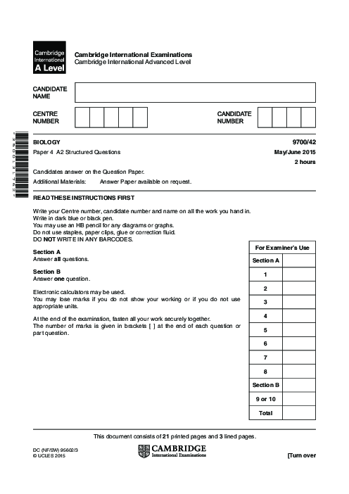 Biology 9700/42 May June 2015 | Cambridge AS Level Past Papers With Mark Scheme