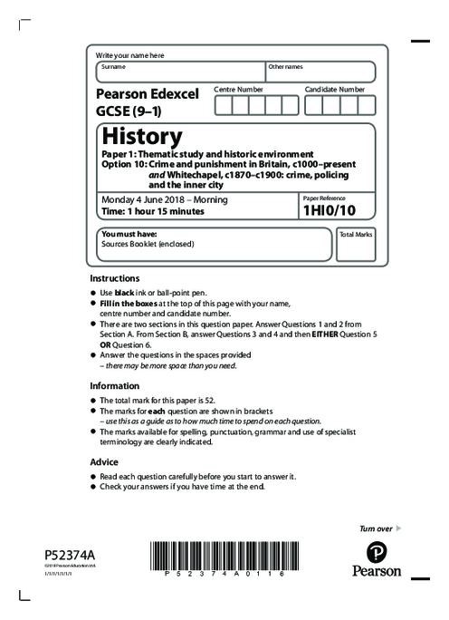  History  1HI0/10 June  2018 | Edexcel  GCSE Past Papers With Mark Scheme