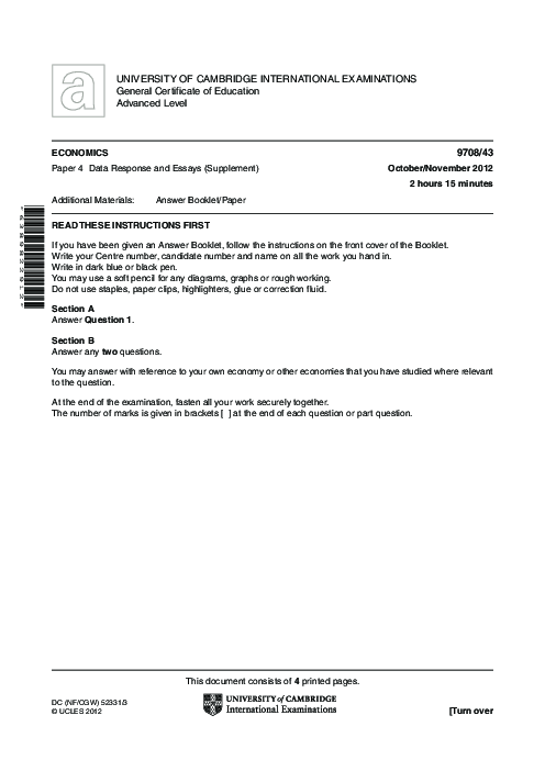 Economics 9708/43 Oct Nov 2012 | Cambridge AS Level Past Papers With Mark Scheme