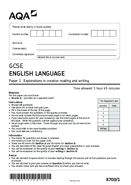 English Language 8700/1 June 2021
