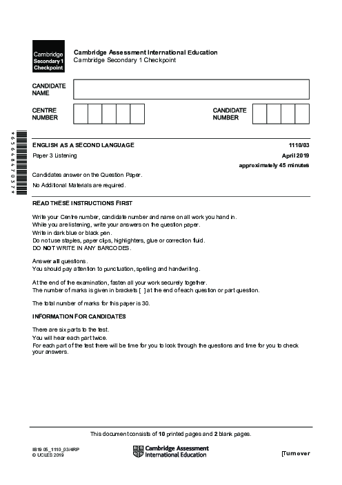 ENGLISH AS A SECOND LANGUAGE 1110,03 April 2019 | Cambridge Lower secondary Checkpoint Past Papers with Mark Schemes