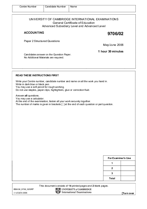 Accounting 9706/04 Oct Nov 2005 | Cambridge AS Level Past Papers With Mark Scheme