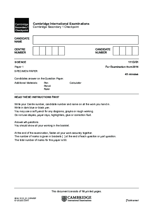 SCIENCE 1113,01 Specimen Paper 2014