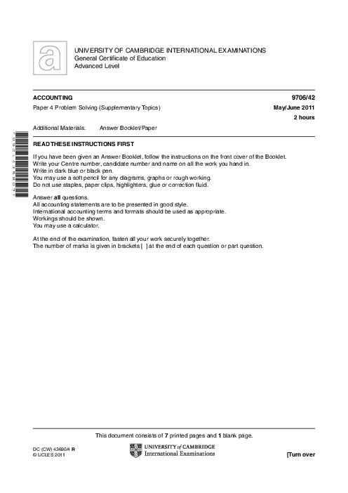 Paper 4, Variant 2, May June 2011 | Cambridge AS and A Level Accounting (9706) Past Papers