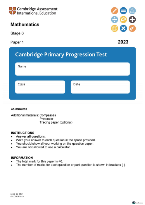 Cambridge Progression Test Stage 6 Mathematics 2023 Paper 1