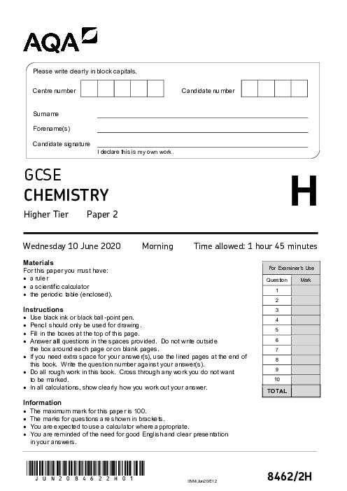 Chemistry 8462/2H June 2020