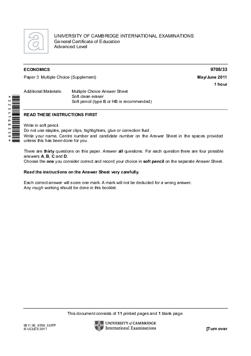 Economics 9708/33 May June 2011 | Cambridge AS Level Past Papers With Mark Scheme