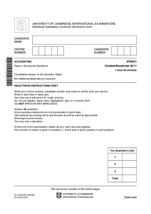 Accounting 9706/11 Oct Nov 2011 | Cambridge AS Level Past Papers With Mark Scheme