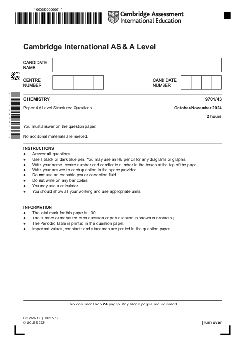 Chemistry 9701,43 Oct Nov 2024 | Cambridge AS - A Level Past Papers With Mark Scheme