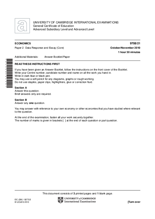 Paper 2, Variant 2, Oct Nov 2010 | Cambridge AS - A Level Economics (9708) Past Papers