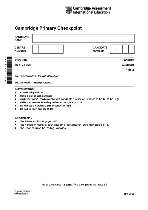 ENGLISH 0058,02 April 2023 | Cambridge Primary Checkpoint Past Papers and Mark Schemes