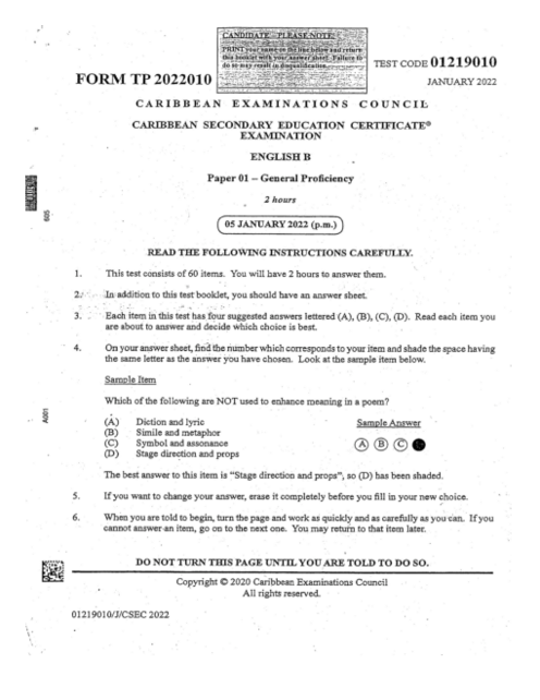 English B January 2022 Paper 1
