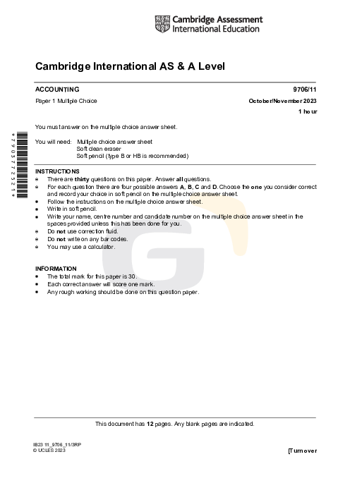 Accounting 9706/11 Oct Nov 2023 | Cambridge AS Level Past Papers With Mark Scheme