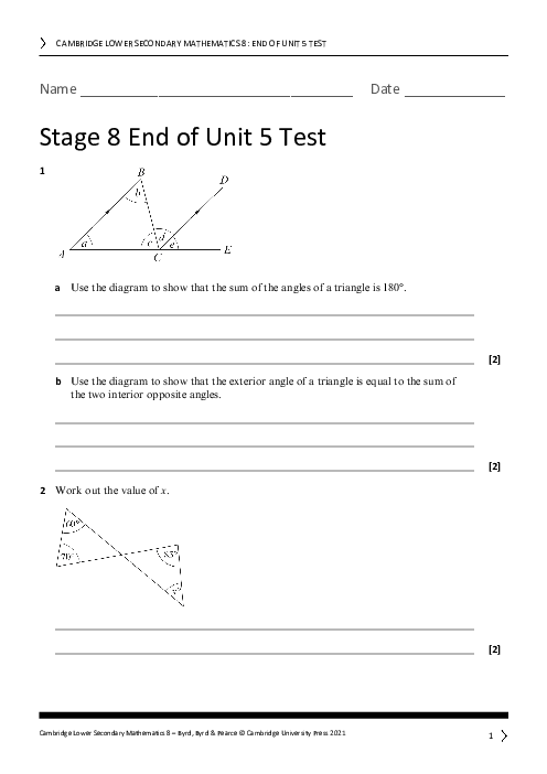 Year 8 Mathematics End of Unit 5 Test - Answers Included