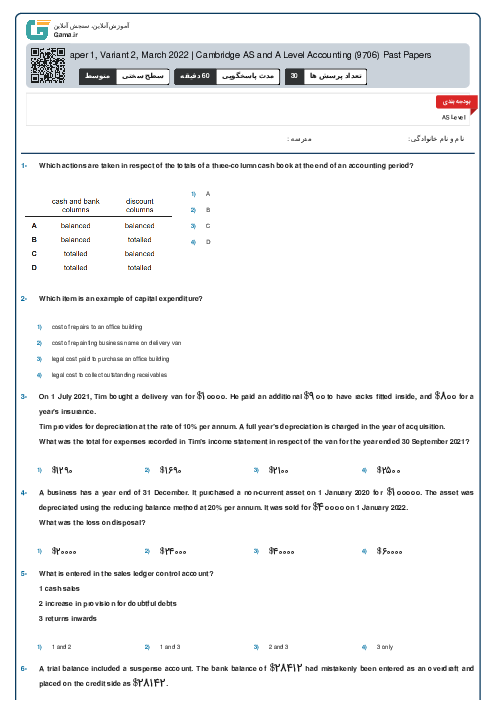 9706/12 Accounting Feb Mar 2022 Online Test | Cambridge AS and A Level MCQ