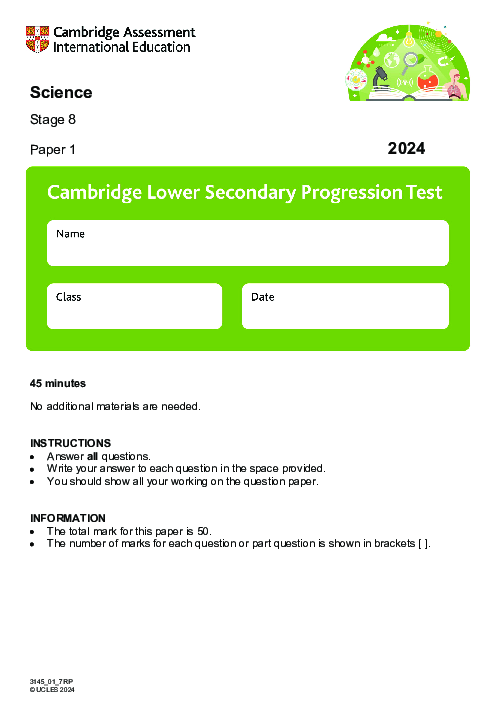 Cambridge Progression Test Stage 8 Science 2024 Paper 1