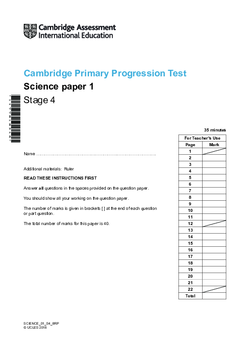 Cambridge Progression Test Stage 4 Science 2018 Paper 1 With Mark Scheme
