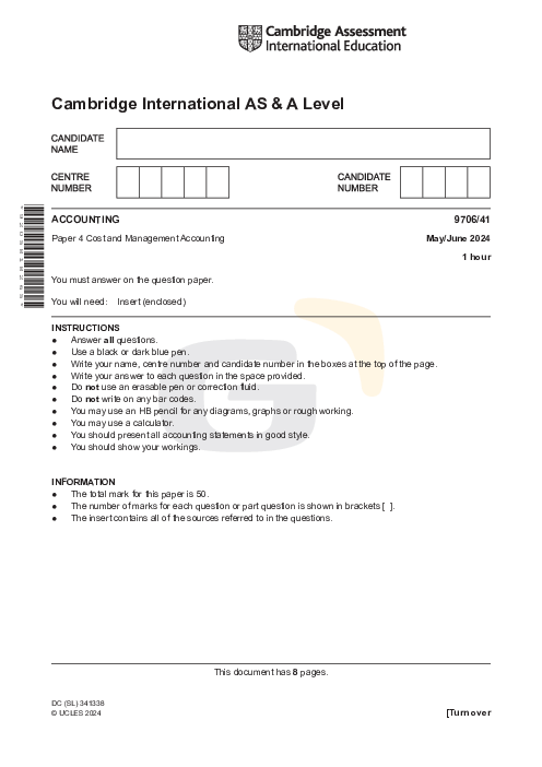 Accounting 9706/41 May June 2024 | Cambridge AS Level Past Papers With Mark Scheme