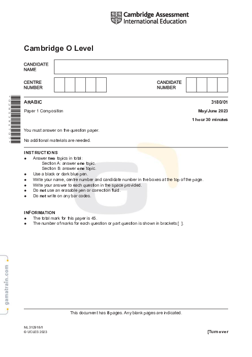 Arabic 3180/01 May June 2023