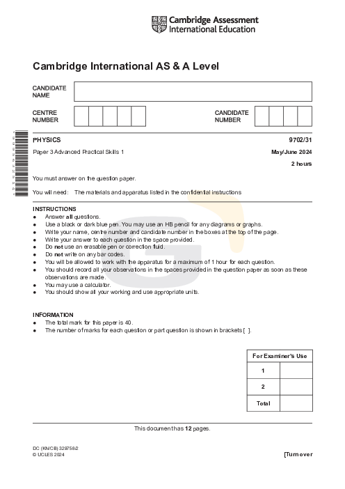 Physics 9702/31 May June 2024 | Cambridge AS Level Past Papers With Mark Scheme