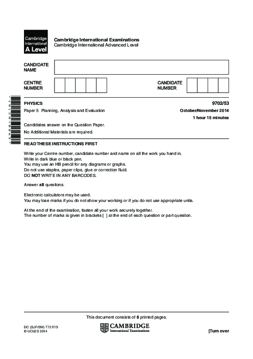 Paper 5, Variant 2, Oct Nov 2014 | Cambridge AS - A Level Physics (9702) Past Papers