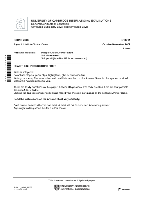 Economics 9708/11 Oct Nov 2009 | Cambridge AS Level Past Papers With Mark Scheme