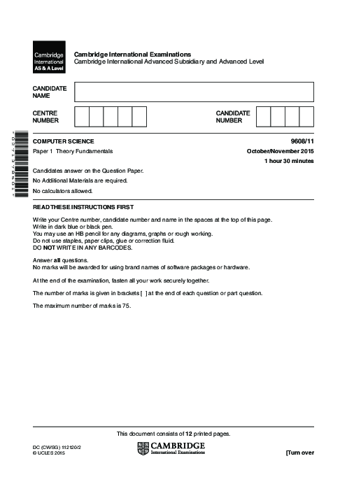  Computer Science 9608/11 Oct Nov 2015 | Cambridge AS & A Level Past Papers With Mark Scheme