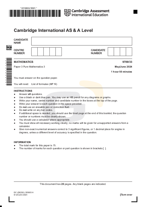 Mathematics 9709/33 May June 2024 | Cambridge AS & A Level Past Papers With Mark Scheme