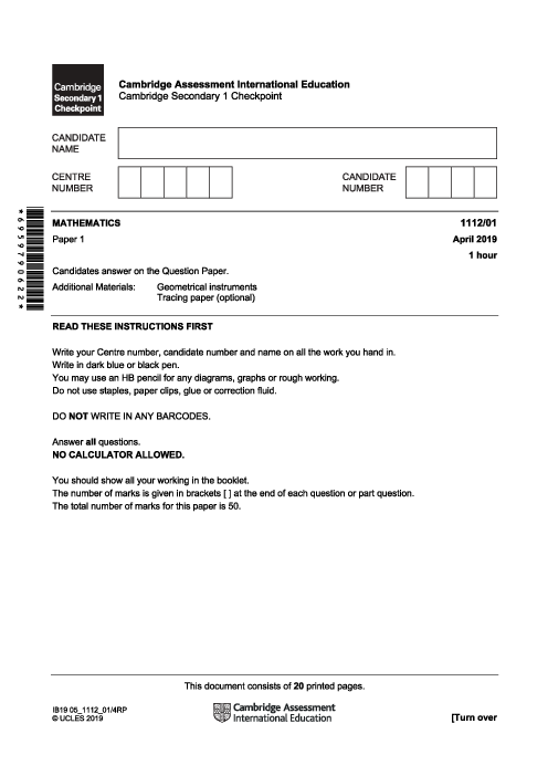 MATHEMATICS 1112,01 April 2019 | Cambridge Lower secondary Checkpoint Past Papers with Mark Schemes