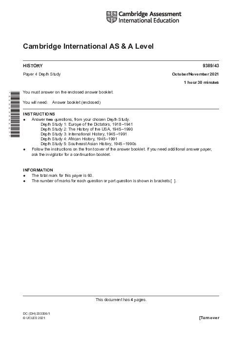  History 9389/42 Oct Nov 2021 | Cambridge AS & A Level Past Papers With Mark Scheme