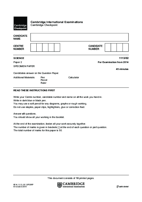SCIENCE 1113,02 Specimen Paper 2014
