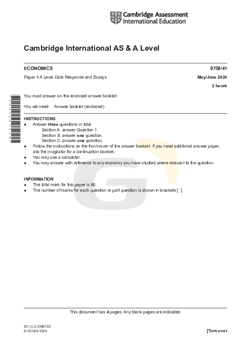 Economics 9708/41 May June 2024 | Cambridge AS Level Past Papers With Mark Scheme