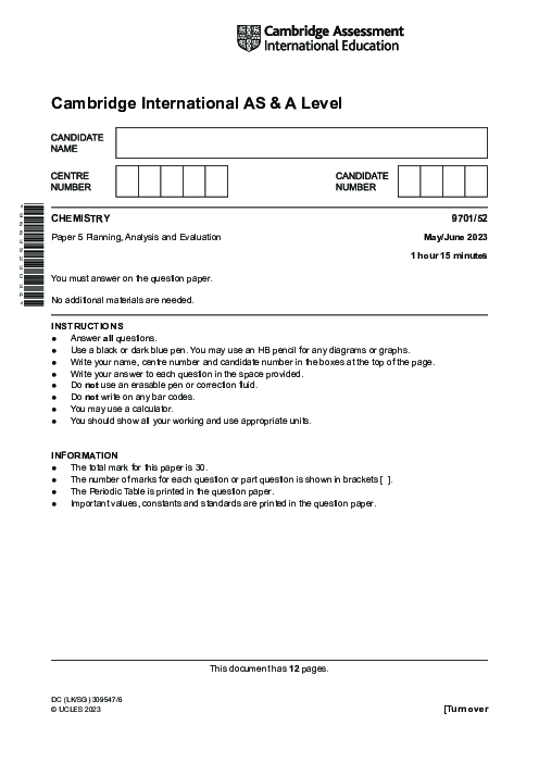 Chemistry 9701/53 May June 2023 | Cambridge AS Level Past Papers With Mark Scheme