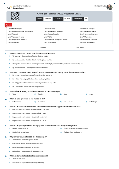 Checkpoint Science (0893) Preparation Quiz 9