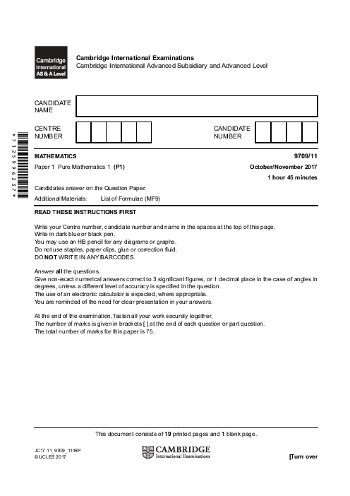Mathematics 9709/11 Oct Nov 2017 | Cambridge AS & A Level Past Papers With Mark Scheme