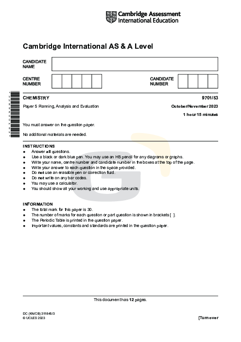 Chemistry 9701/53 Oct Nov 2023 | Cambridge AS Level Past Papers With Mark Scheme