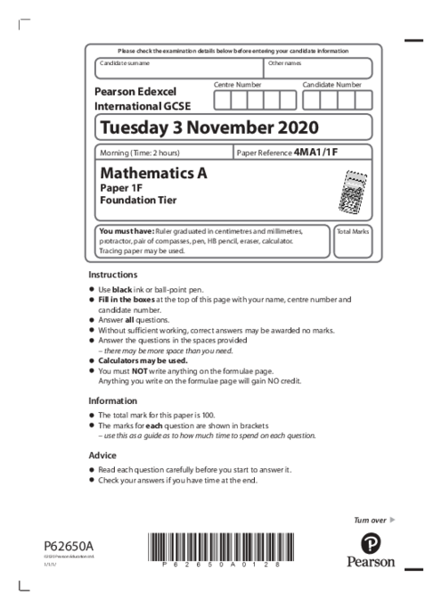 Mathematics (A) 4MA1/1F November 2020 | Edexcel IGCSE Past Papers With Mark Scheme