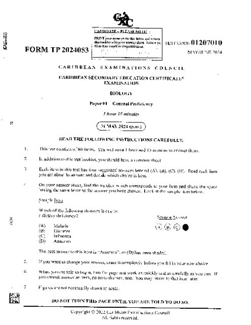 Biology June 2024 Paper 1