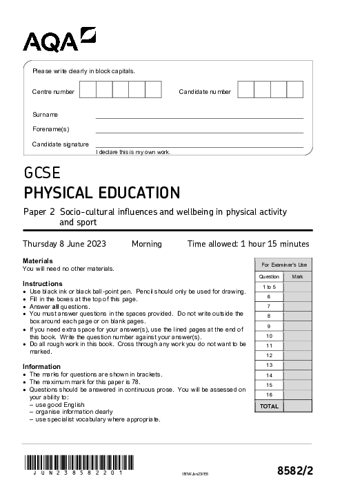 Physical Education 8582/2 June 2023