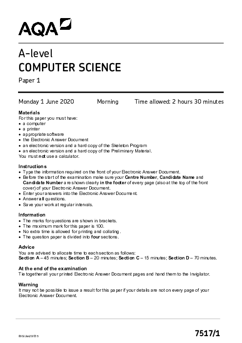 Computer Science 7517/1 June 2020