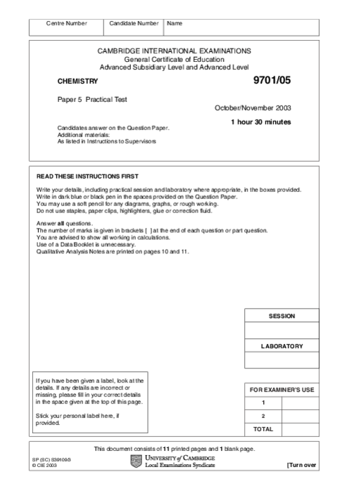 Chemistry 9701/05 Oct Nov 2003 | Cambridge AS Level Past Papers With Mark Scheme