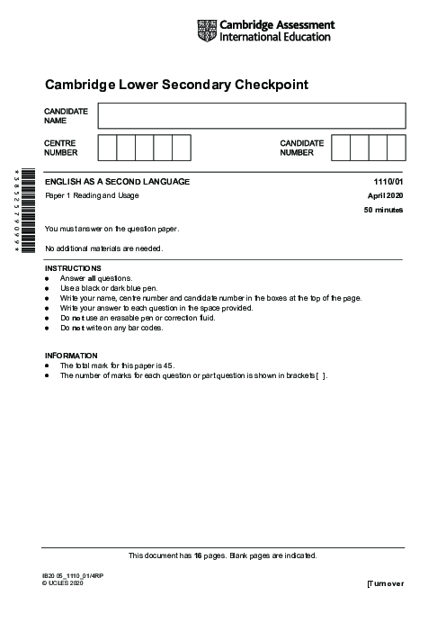 ENGLISH AS A SECOND LANGUAGE 1110,01 April 2020 | Cambridge Lower secondary Checkpoint Past Papers with Mark Schemes