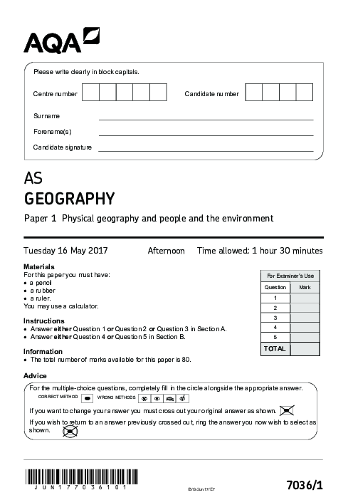 Geography 7036 Paper 1 June 2017, AQA AS-Level Past Papers with Mark Schemes