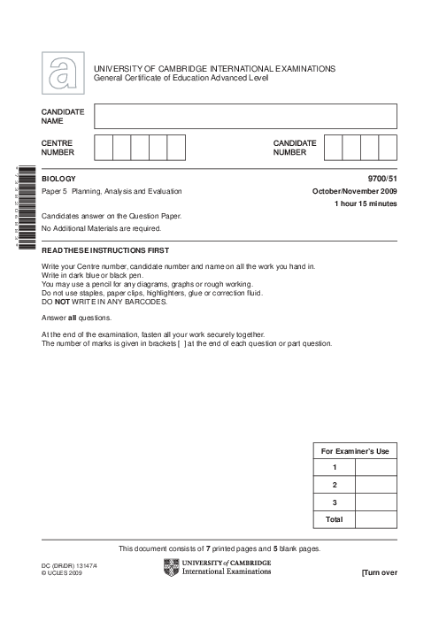 Paper 5, Variant 2, Oct Nov 2009 | Cambridge AS - A Level Biology (9700) Past Papers