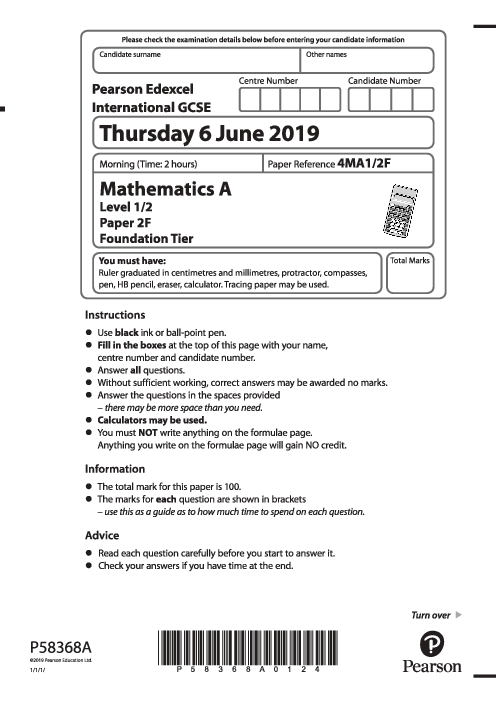 Mathematics (A) 4MA1/2F May Jun  2019 | Edexcel IGCSE Past Papers With Mark Scheme