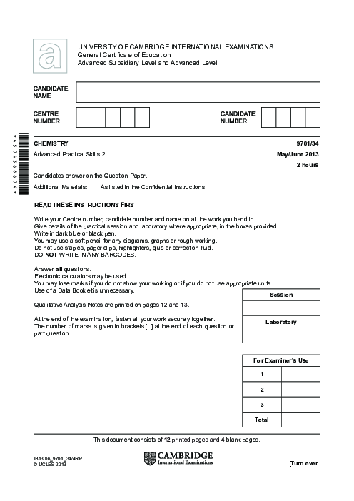 Chemistry 9701/34 May June 2013 | Cambridge AS Level Past Papers With Mark Scheme